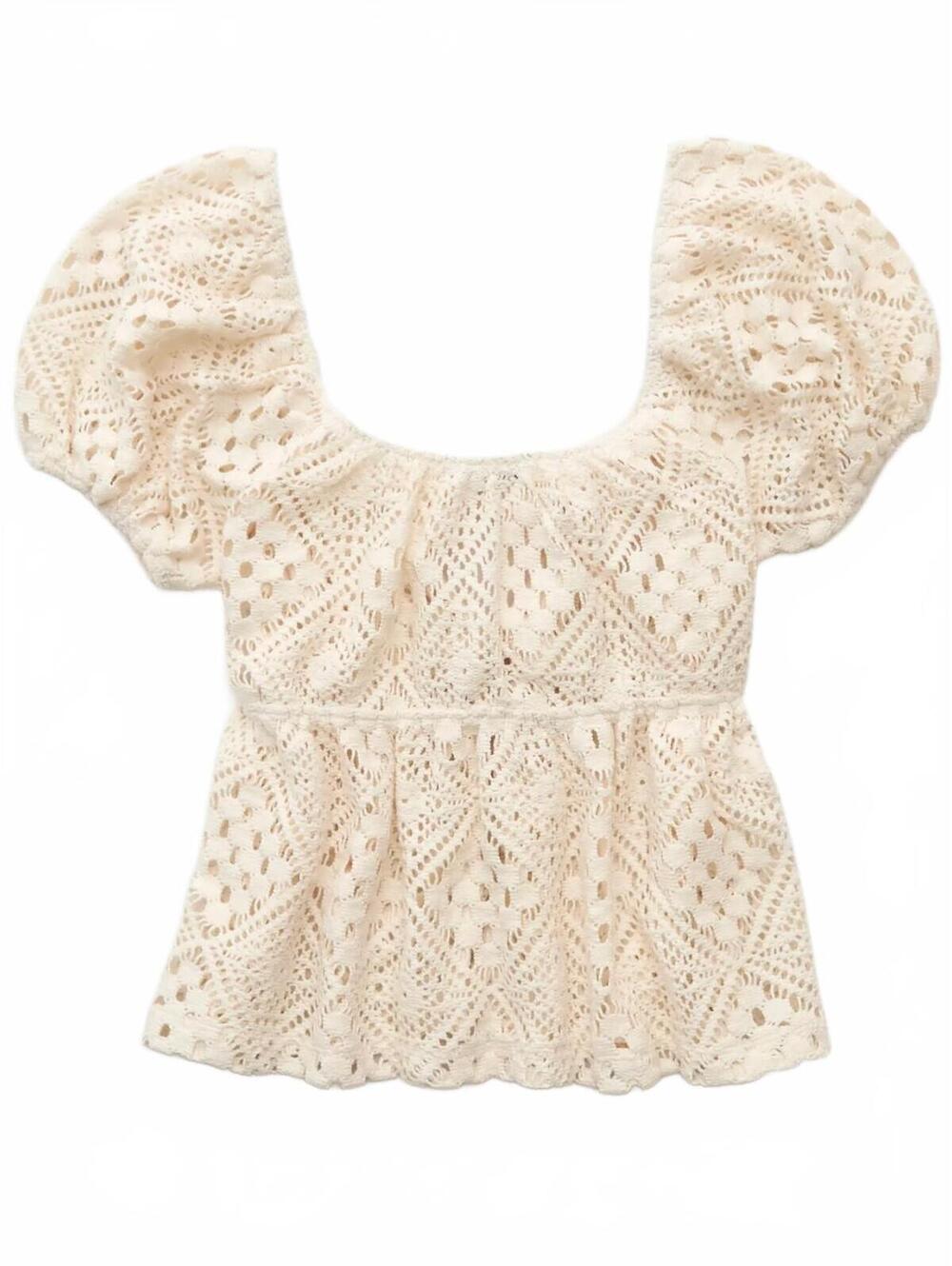 AE Lace Tie-Front Puff Sleeve Tee American Eagle NWT Cream Large - Picture 4 of 7